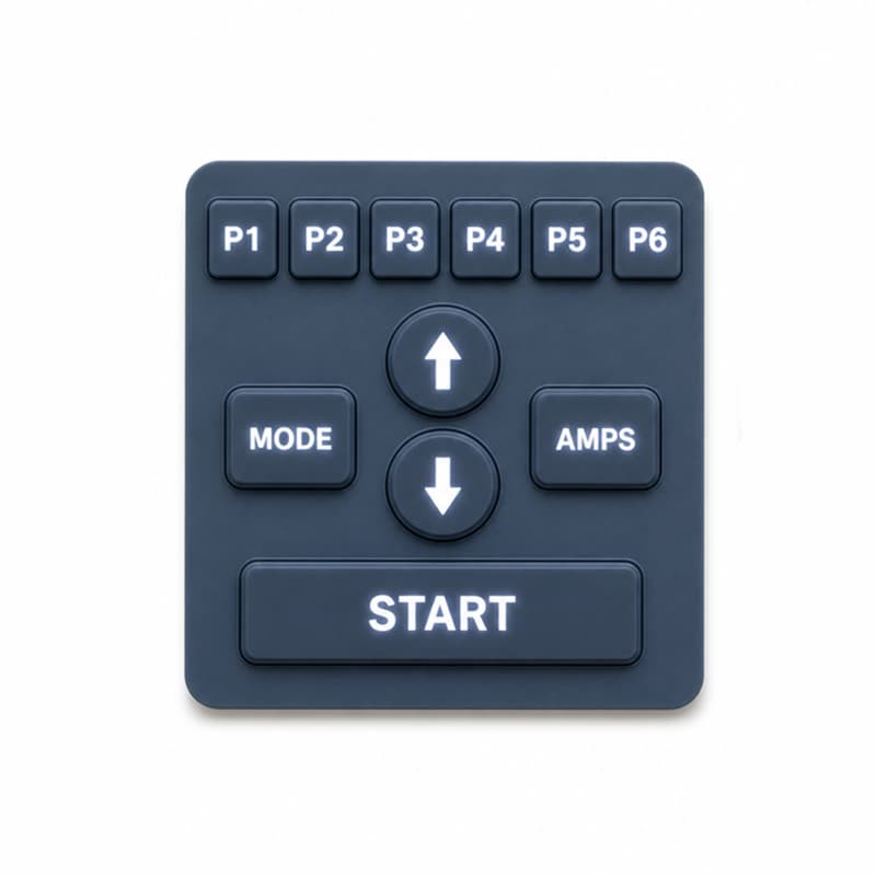 Deep blue industrial keypad with P1 to P6 program keys, MODE, AMPS and START