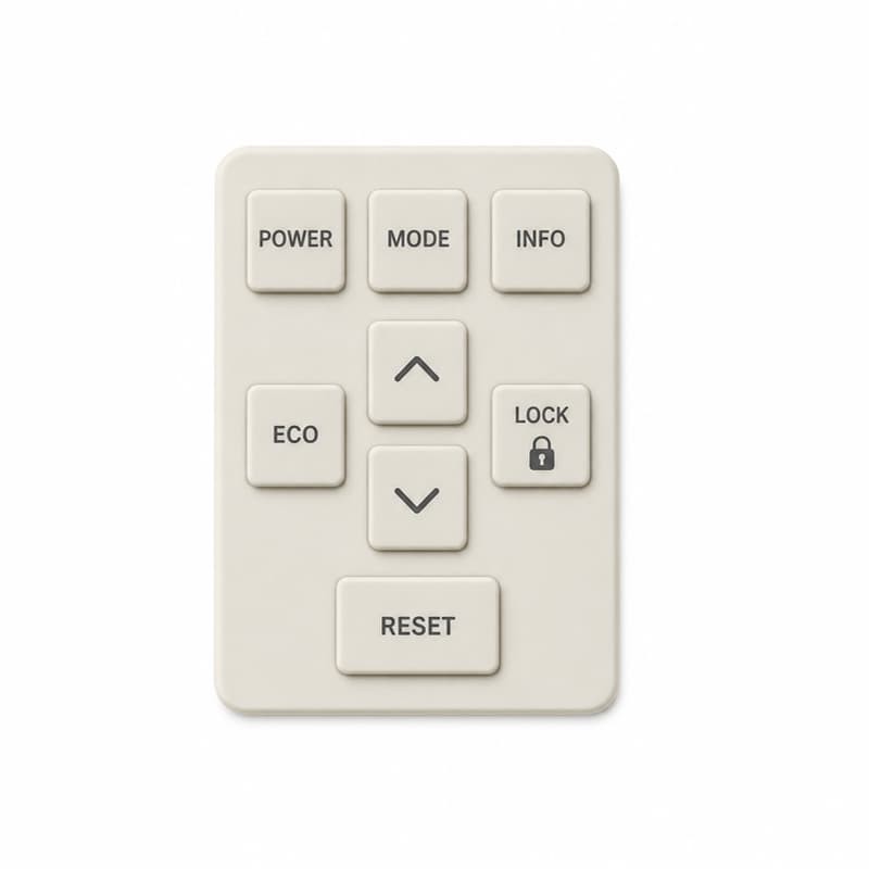 Dark gray instrument keypad with POWER, MENU, INFO, a battery key, a blue SOC key and a direction cluster with center OK