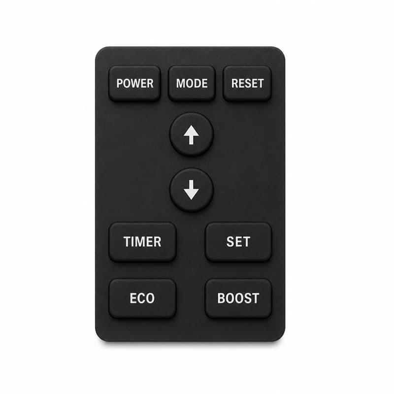 Black silicone keypad with POWER, MODE, RESET, arrow keys, TIMER, SET, ECO and BOOST keys