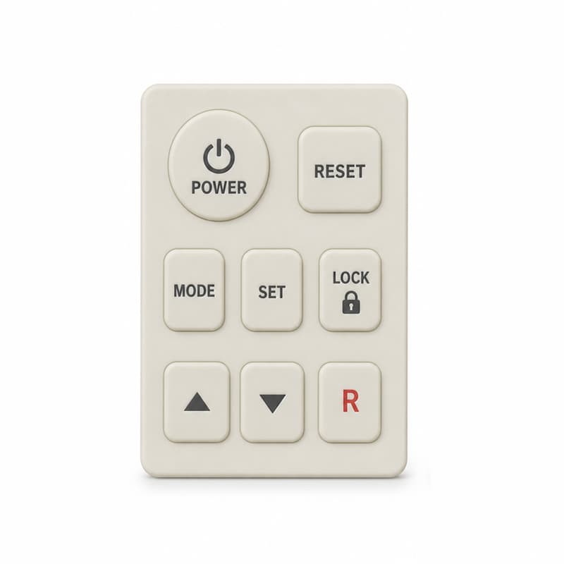 Beige silicone keypad with POWER, RESET, MODE, SET, LOCK keys and arrow keys