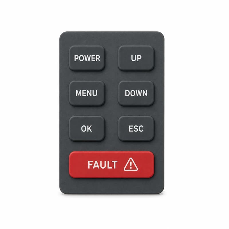 Dark gray silicone keypad with POWER, UP, MENU, DOWN, OK, ESC keys and a red FAULT key