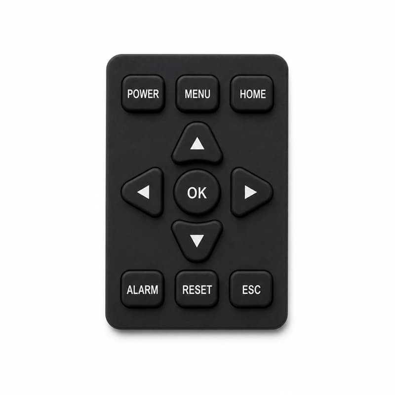 Black silicone keypad with POWER, MENU, HOME keys, a four-way direction cluster with center OK, and ALARM, RESET, ESC keys