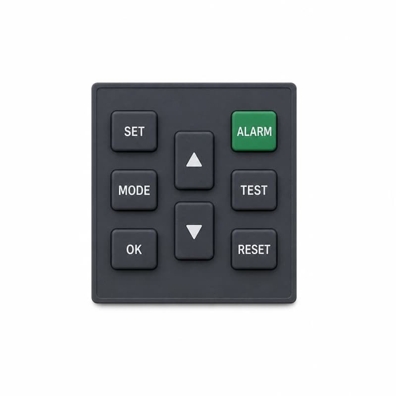 Silicone keypad with SET, MODE, OK, arrow keys and ALARM, TEST, RESET keys
