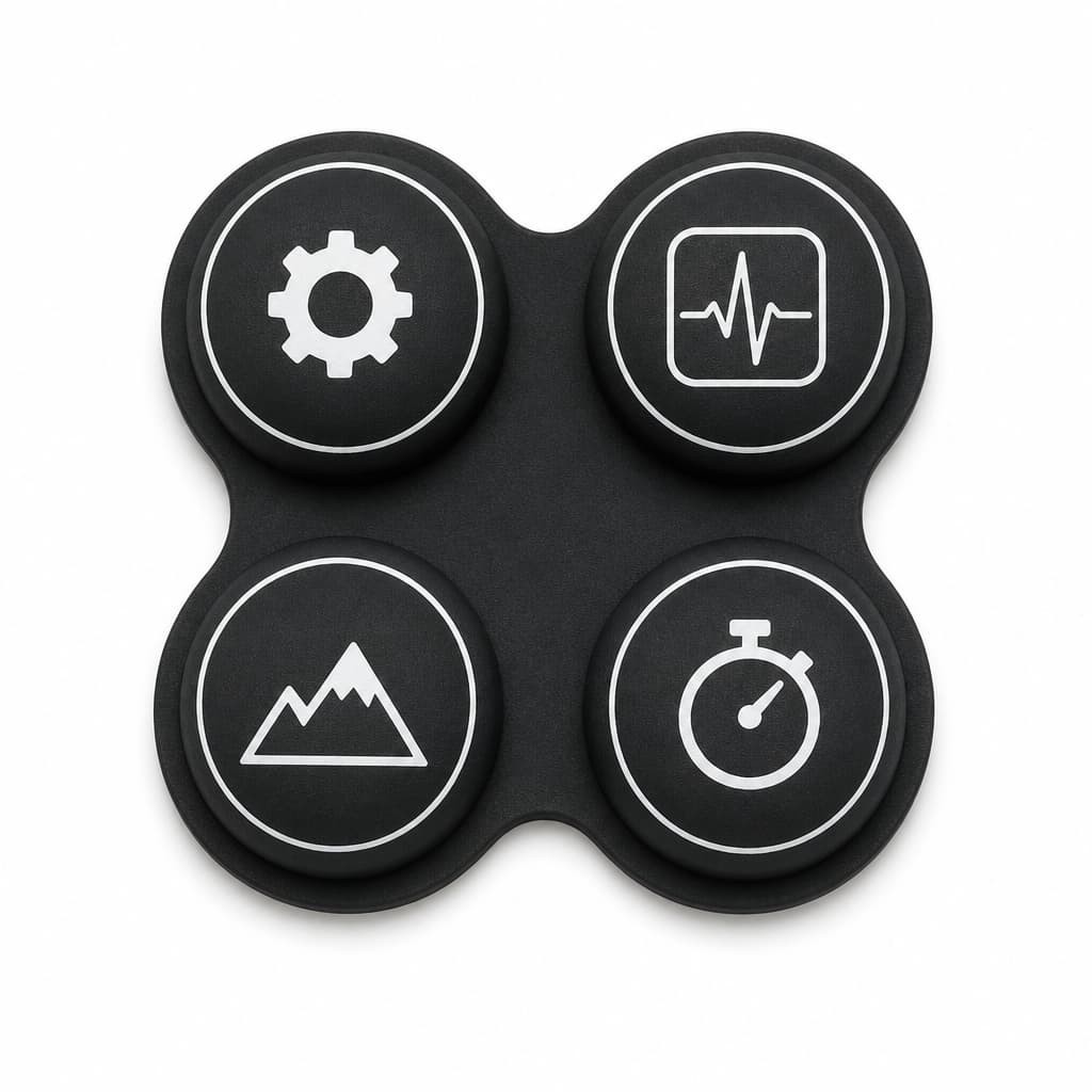 Four-key quatrefoil silicone keypad cluster with settings, heart rate, interval timer and elevation icons grouped as one moulded part