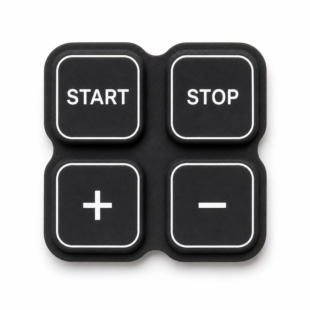 Four-key silicone keypad with START, STOP, plus and minus legends in a two by two arrangement for a compact workout console