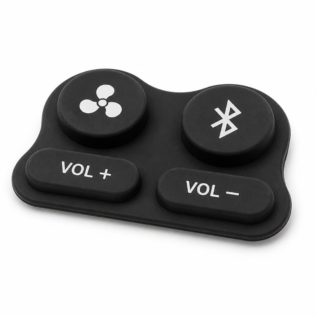 Silicone keypad with fan, Bluetooth, volume plus and volume minus buttons alongside a large blank bar for a workout console