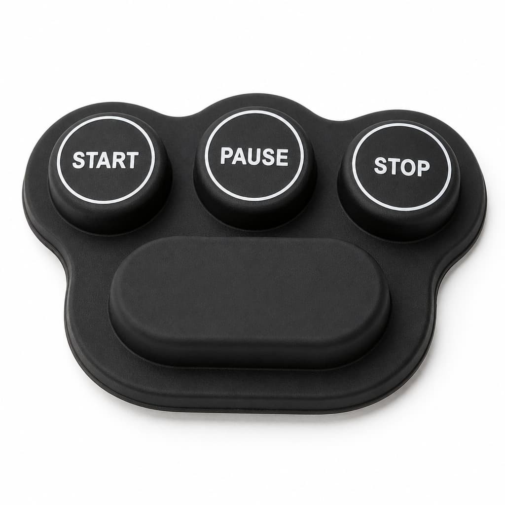 Silicone keypad with three round START, PAUSE and STOP buttons above a large blank oblong key with no printed legend