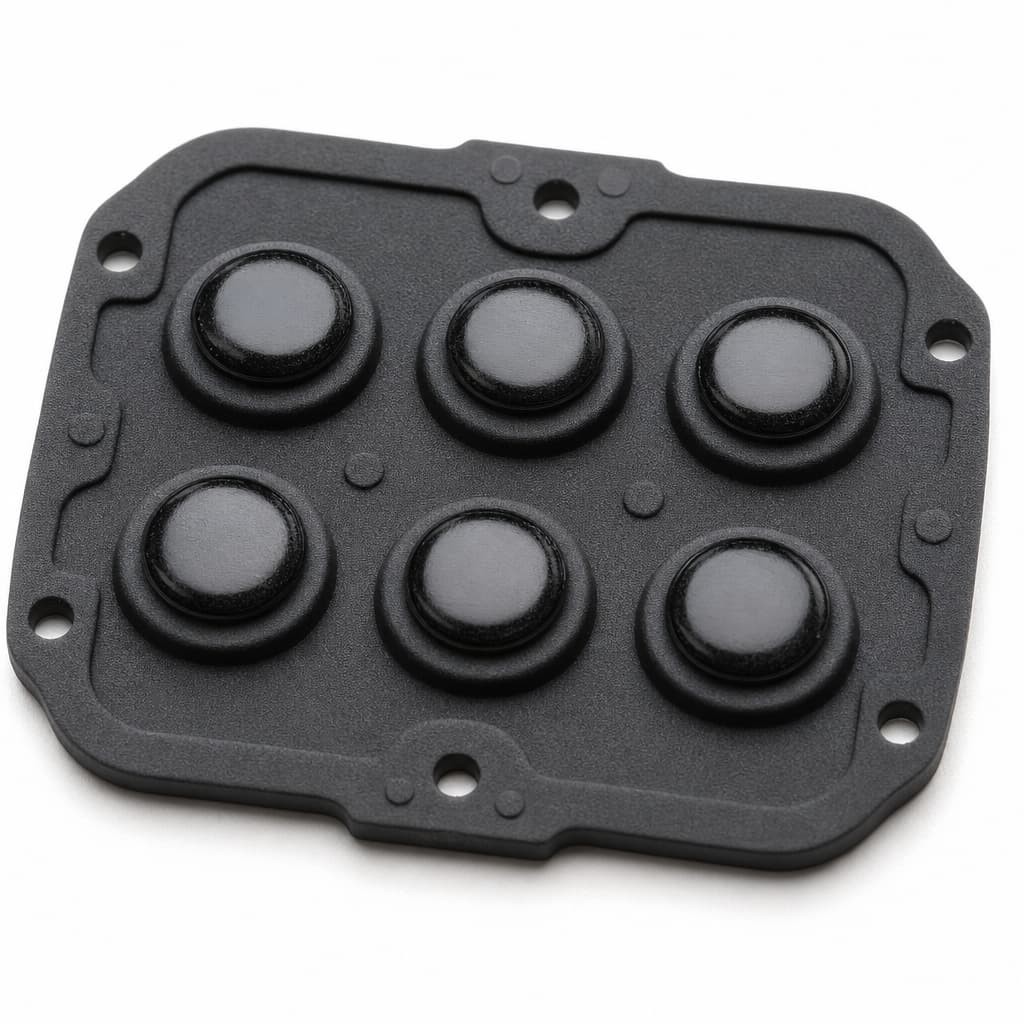 Unprinted 2x3 silicone keypad membrane pad with six raised domes and four corner mounting holes, no legends applied