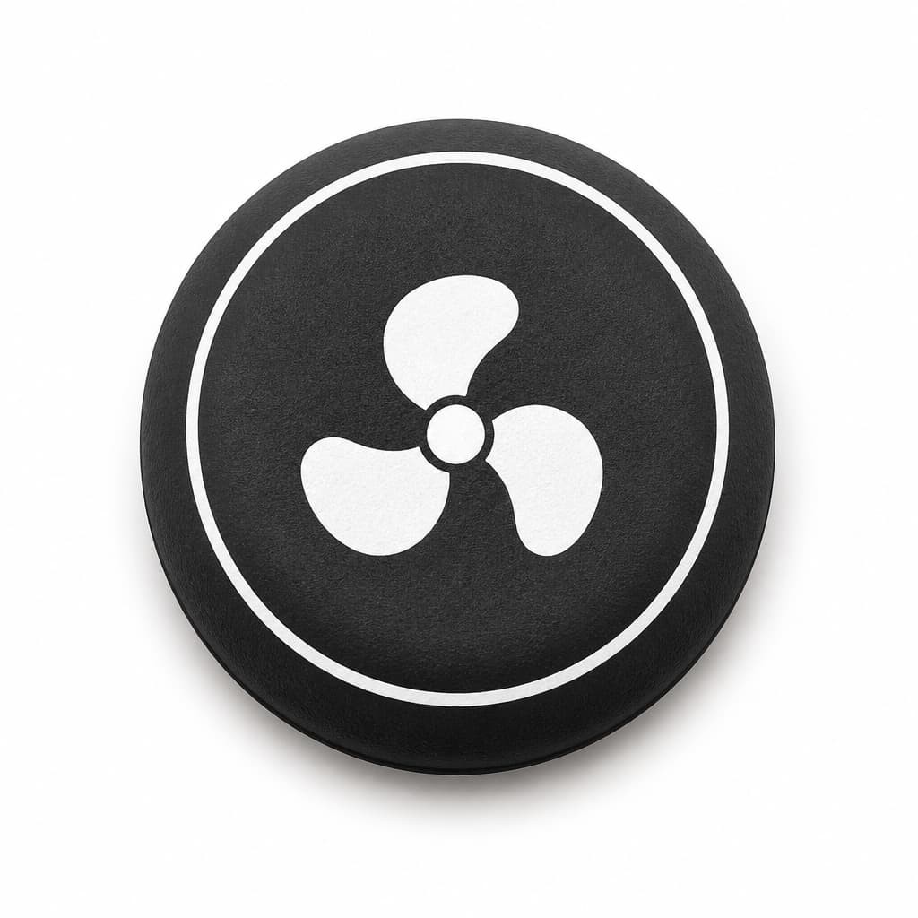 Single circular silicone keypad button with a printed fan icon and a white ring, moulded as a low-profile control for a workout console