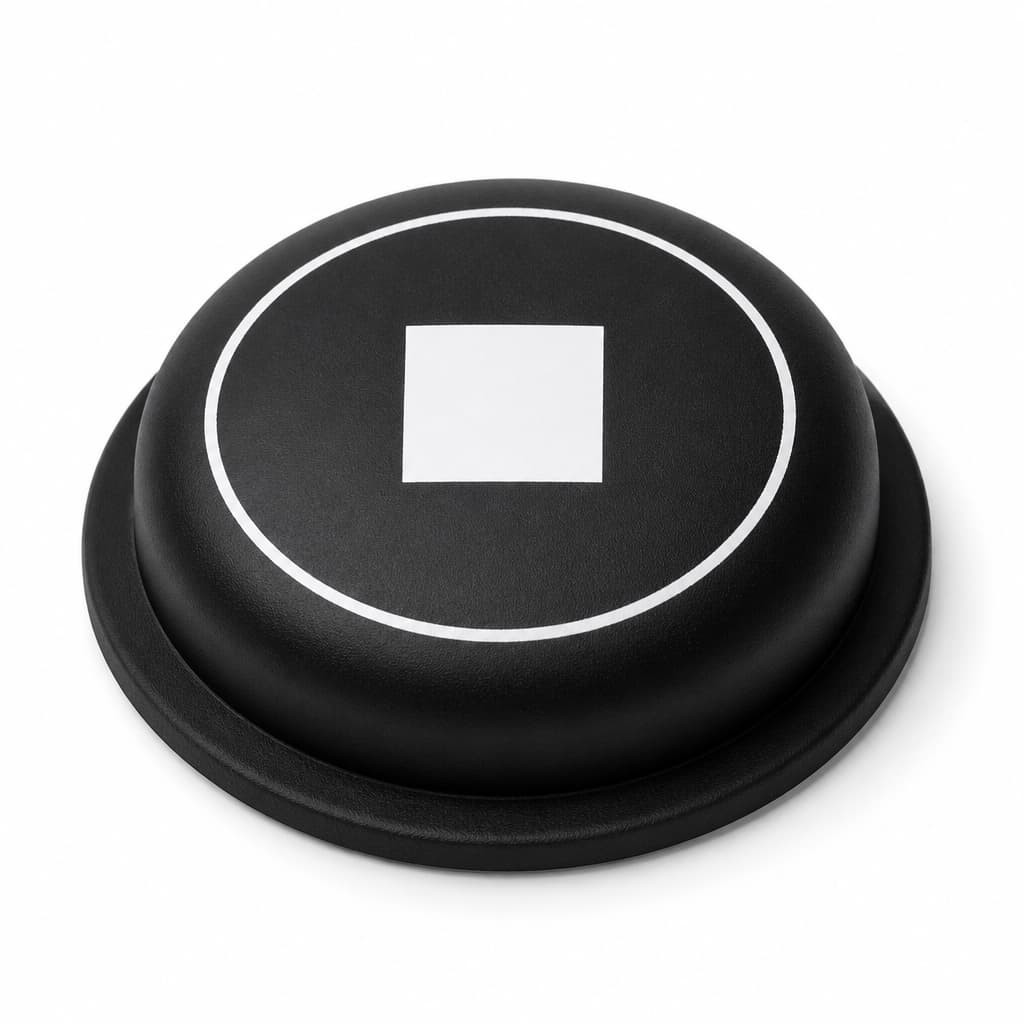Single low-profile domed silicone button with a stop square icon printed inside a white ring, designed to sit close to the console surface