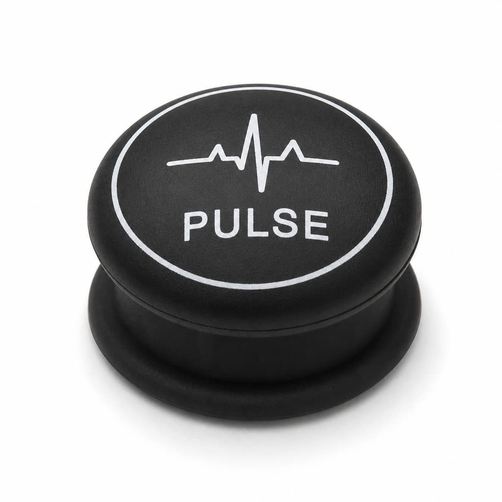 Single silicone keypad button with PULSE legend and ECG waveform icon, showing the mushroom profile of a moulded key with an undercut