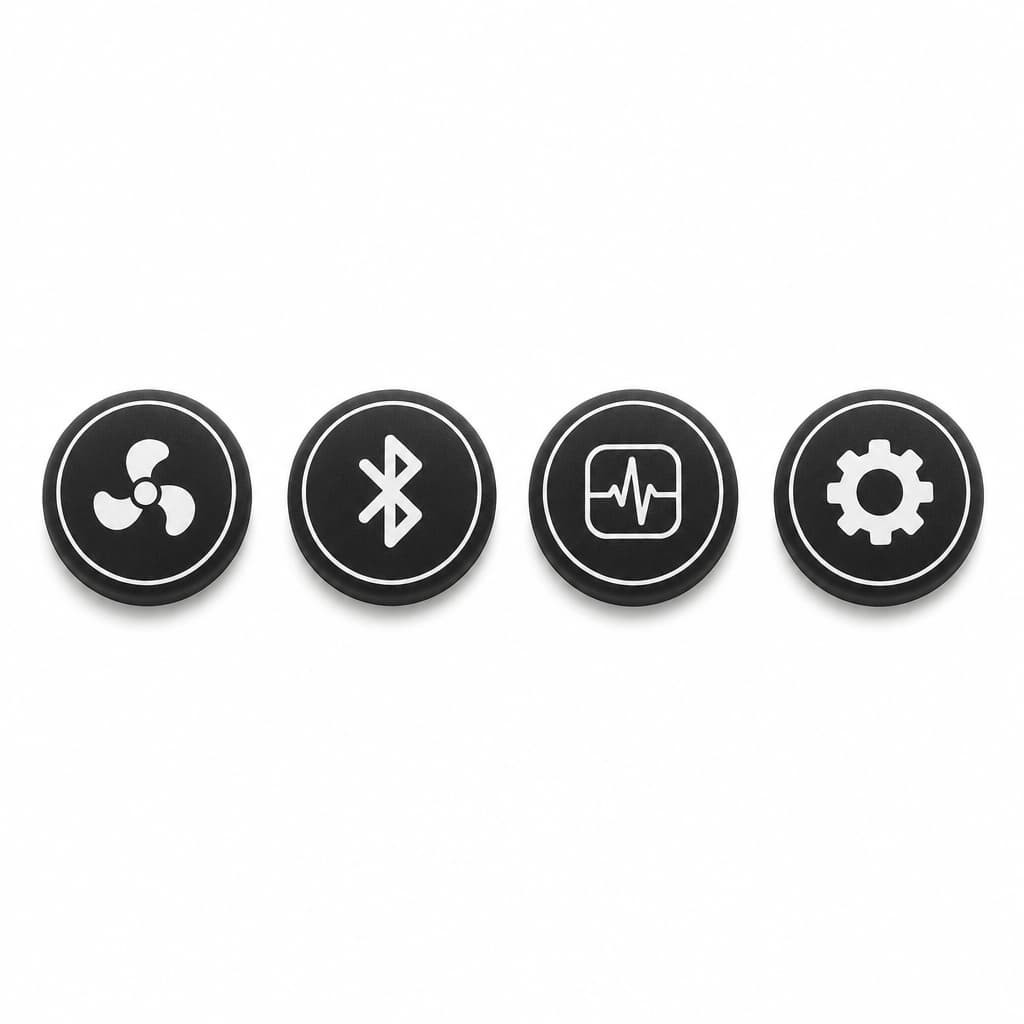 Strip of four moulded silicone keypad buttons printed with fan, Bluetooth, heart rate and settings icons