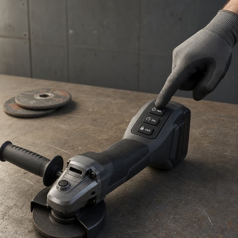 Gloved hand pressing the keypad on the body of an angle grinder on a workbench with cutting discs behind