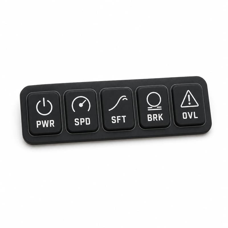 Black silicone keypad strip with five keys in a horizontal row printed PWR, SPD, SFT, BRK and OVL