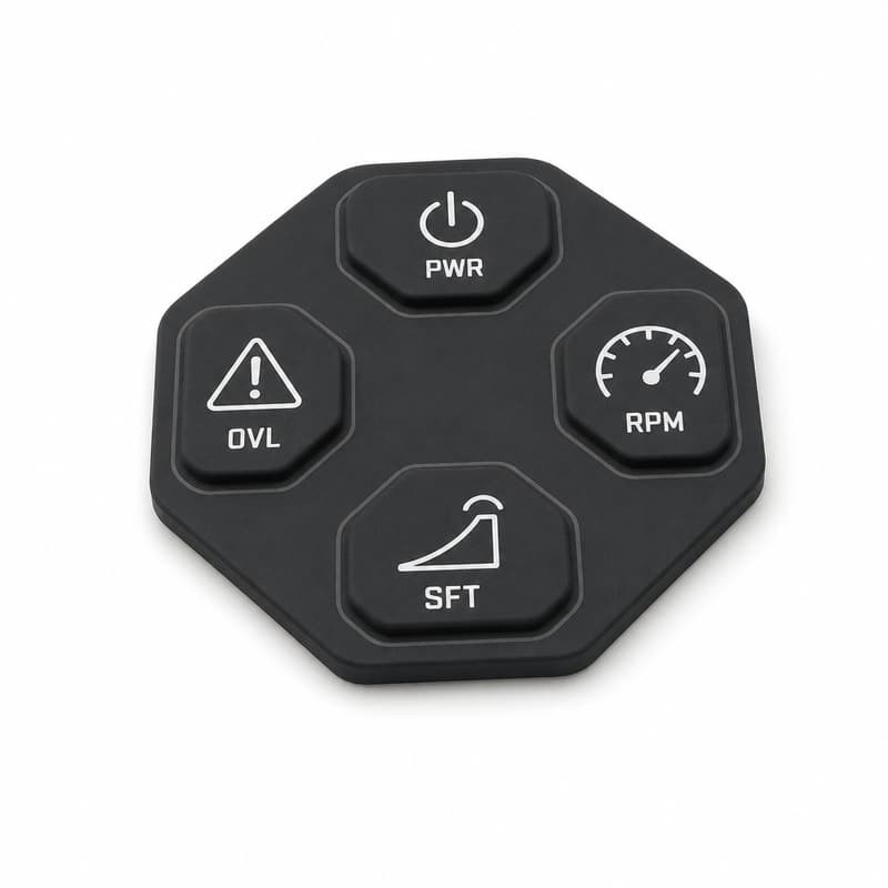 Black octagonal silicone keypad with four keys arranged around the centre, printed PWR, OVL, RPM and SFT