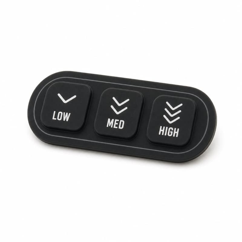 Black oval silicone keypad with three keys marked LOW, MED and HIGH, each with a chevron symbol