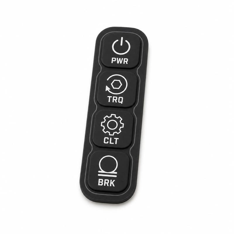 Black vertical four-key silicone keypad printed PWR, TRQ, CLT and BRK