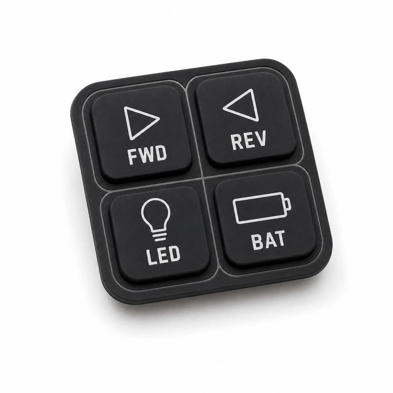 Black square four-key silicone keypad printed FWD, REV, LED and BAT in a two by two layout