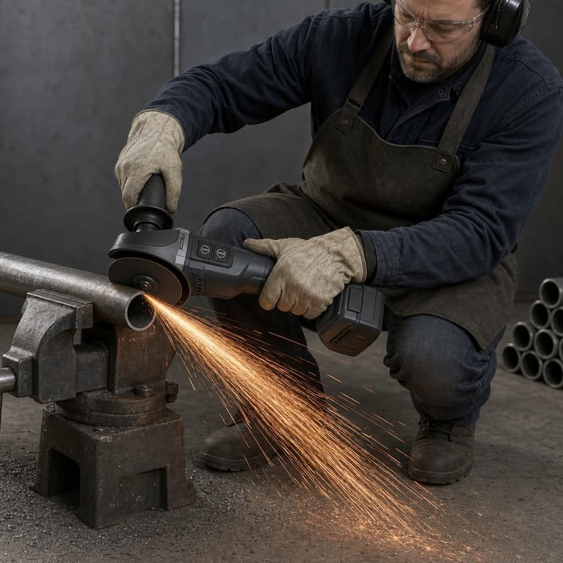 Operator in PPE cutting a steel tube with an angle grinder, with a heavy shower of sparks, tube held in a bench vise