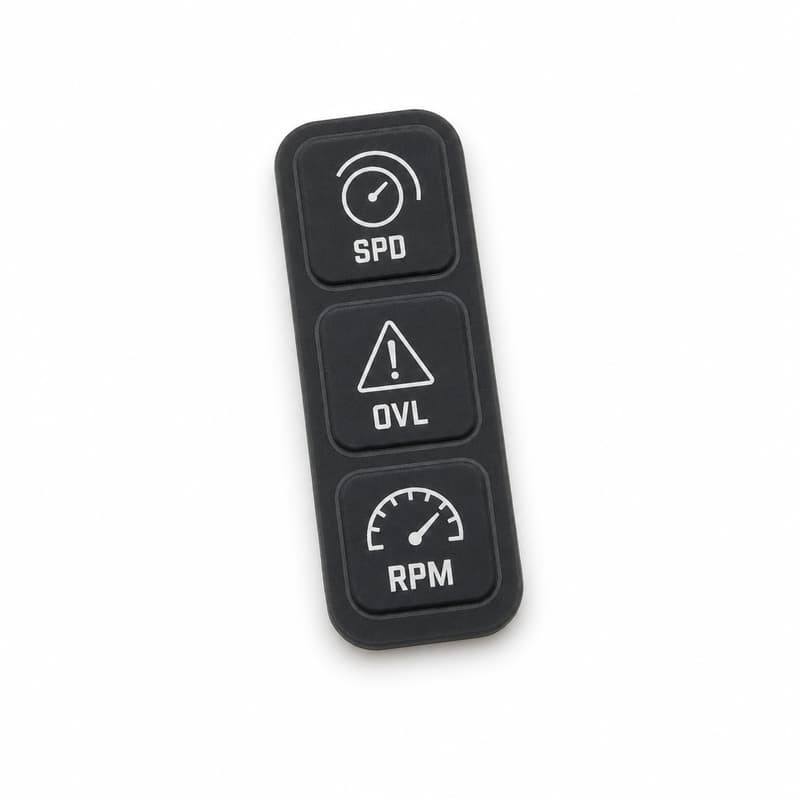 Black vertical three-key silicone keypad printed SPD, OVL and RPM with gauge and warning symbols