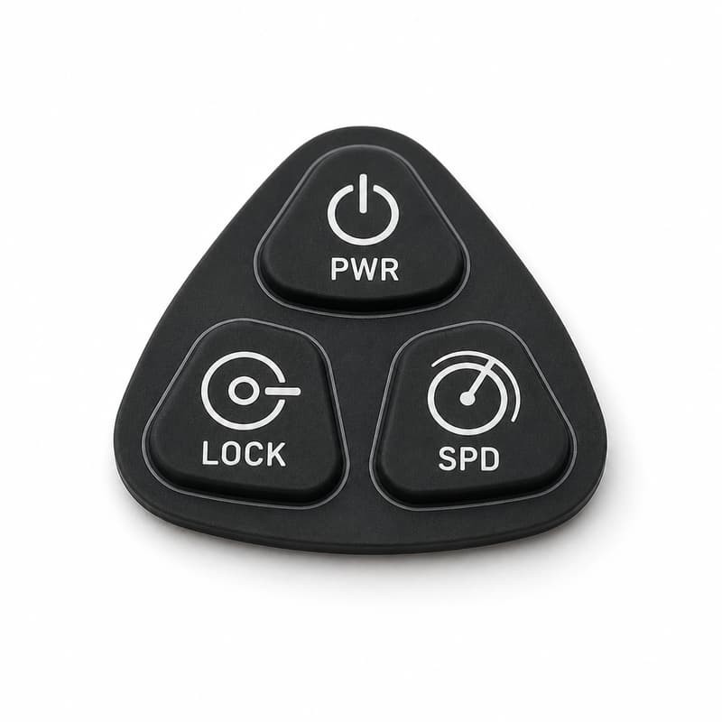 Black triangular three-key silicone keypad printed PWR, LOCK and SPD with a lock symbol on the centre key