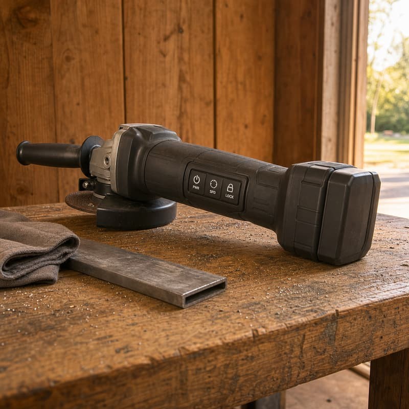 Angle grinder resting on a wooden workbench beside an open garage door with daylight, keypad visible on the barrel, metal offcut and cloth nearby