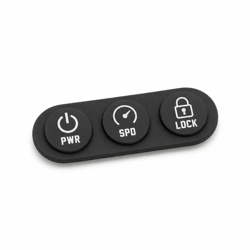 Black silicone keypad with three round keys in a row printed PWR, SPD and LOCK