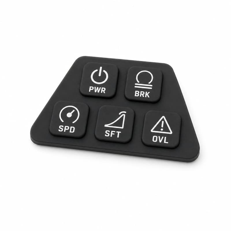 Black trapezoid silicone keypad with five keys printed PWR and BRK on the upper row and SPD, SFT and OVL below