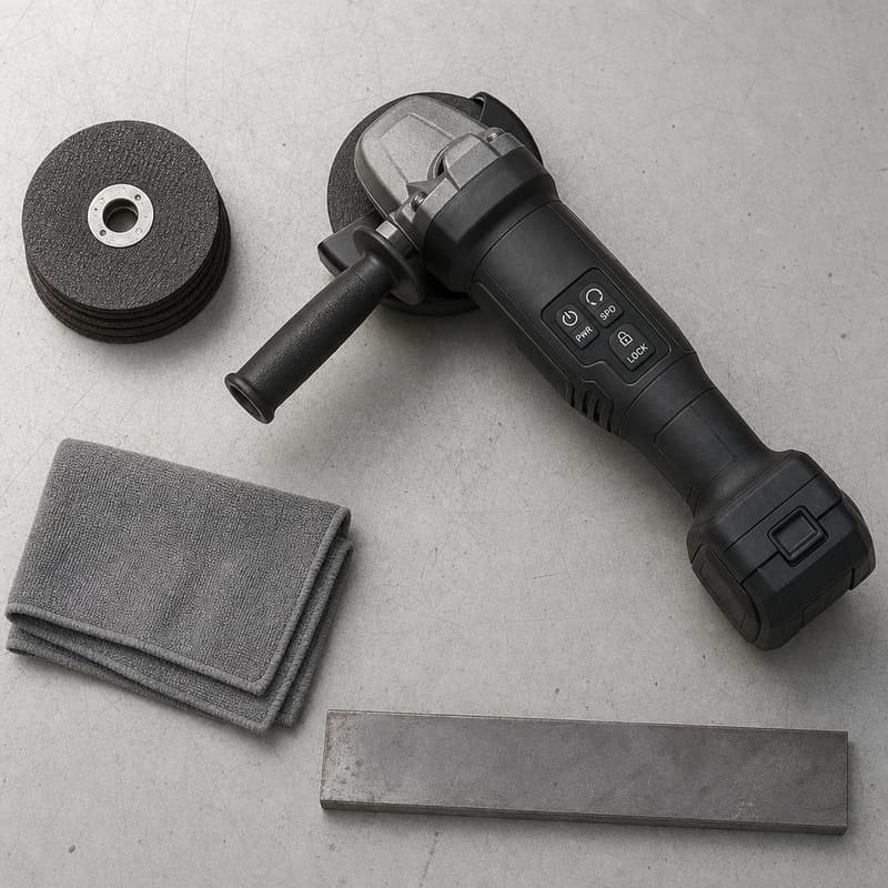 Overhead view of an angle grinder on a concrete floor beside a stack of cutting discs, a folded cloth and a steel plate