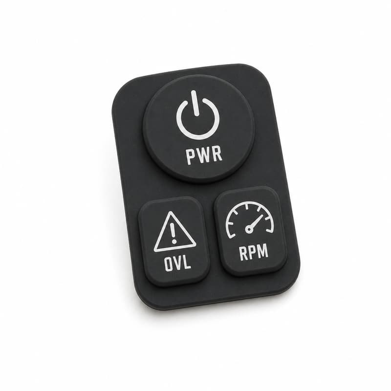 Black silicone keypad with a large round PWR key above two smaller keys marked OVL and RPM