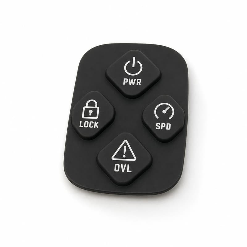 Black silicone keypad with four diamond-shaped keys printed PWR, LOCK, SPD and OVL