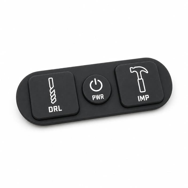 Three-key electric drill silicone keypad strip with DRL, PWR and IMP keys in unequal sizes