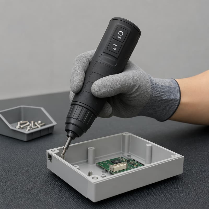 Cordless screwdriver with PWR and FWD keys on the handle driving a screw into an electronics enclosure