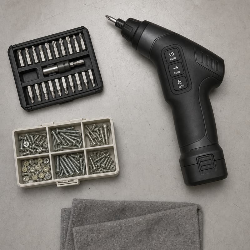 Top-down view of a cordless screwdriver showing PWR, FWD and LOCK keys beside a bit set and screw assortment