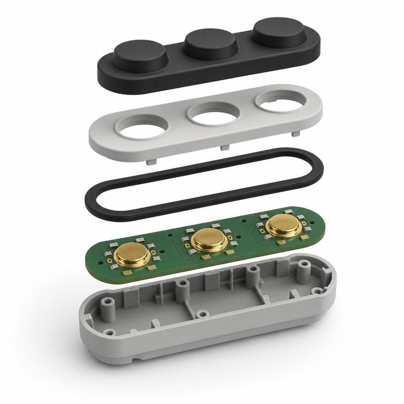 Exploded view of an electronic level silicone keypad stack with button pad, retainer, gasket, PCB domes and lower housing