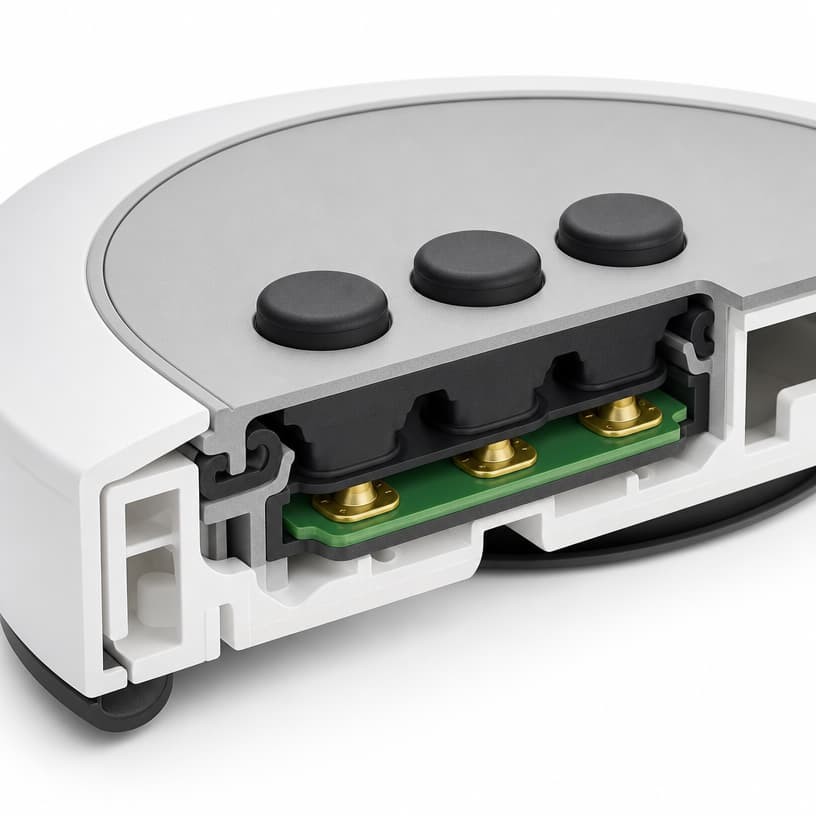 Cutaway of a compact instrument housing showing three silicone buttons above a PCB with gold contact pads