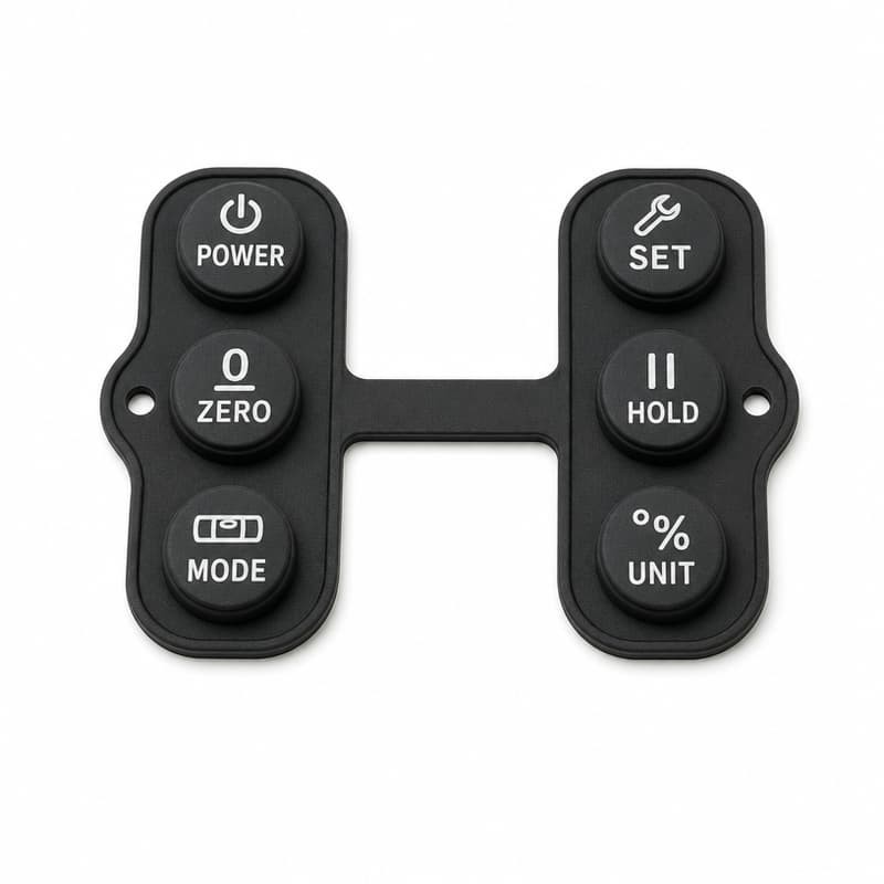 Six-button electronic level silicone keypad with a narrow connecting bridge and side locating holes