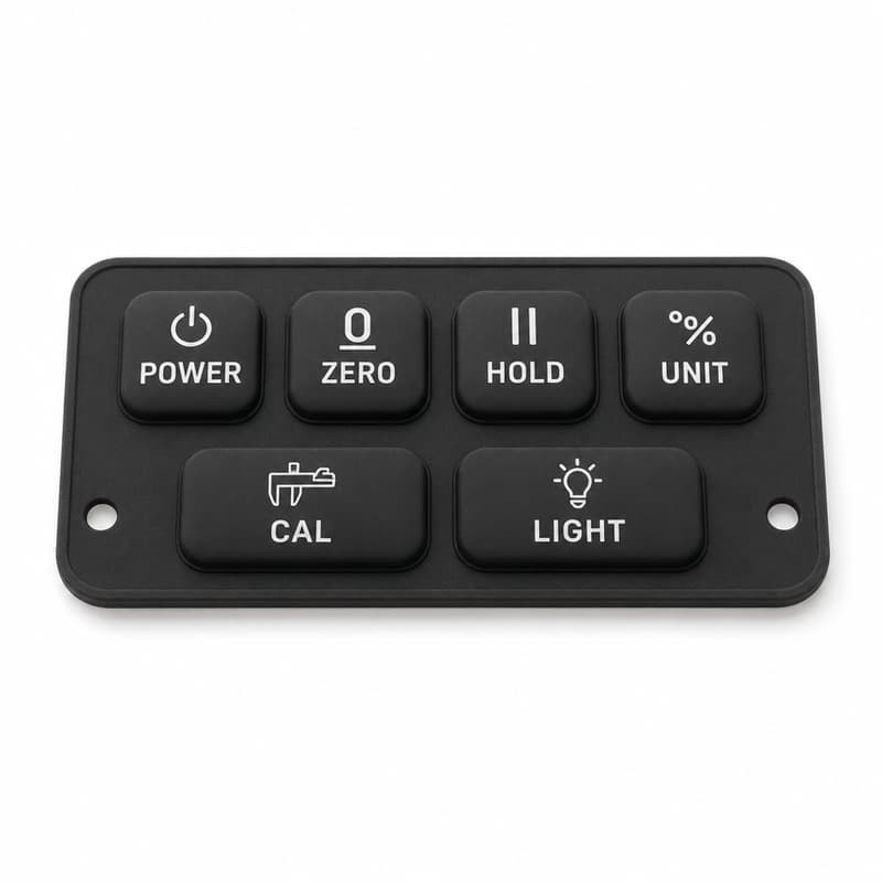 Six-button digital inclinometer silicone keypad with asymmetric outline and corner mounting holes