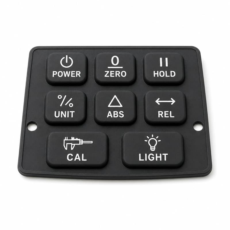 Eight-button compact digital inclinometer silicone keypad with locating holes at mid height