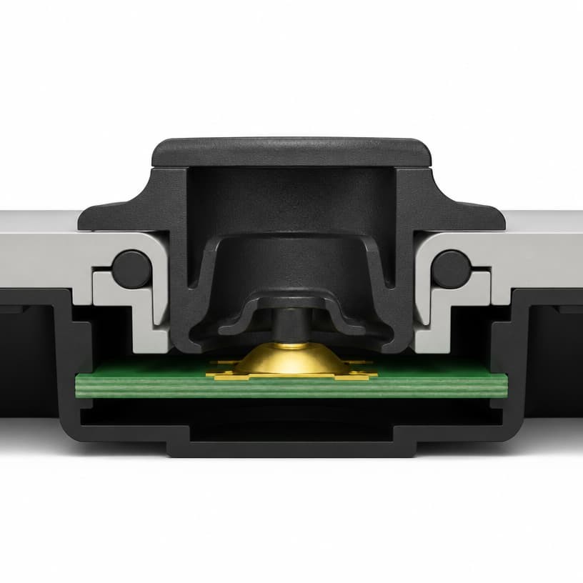 Cross-section of a silicone keypad button pressing a metal dome contact on a PCB