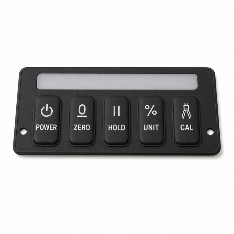 Five-button electronic level silicone keypad with printed legends beside a display window