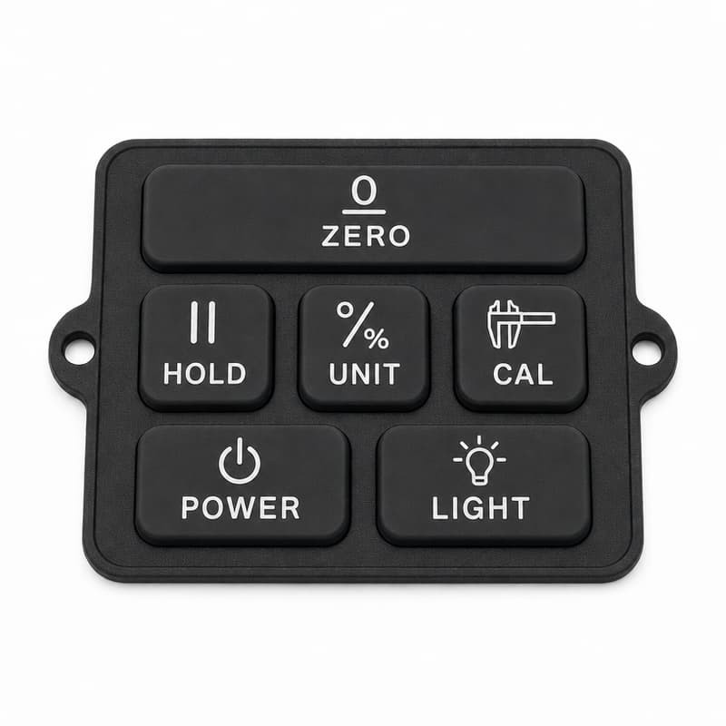 Eight-button digital inclinometer silicone keypad with a wide ZERO bar and side locating tabs