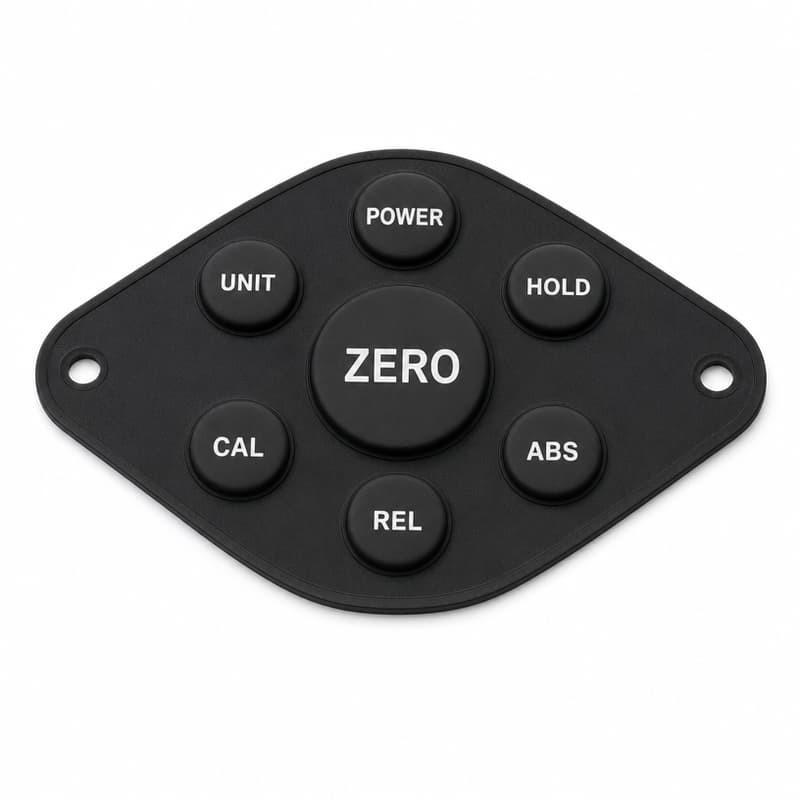 Non-rectangular eight-button inclinometer silicone keypad with ZERO in the centre and two locating holes