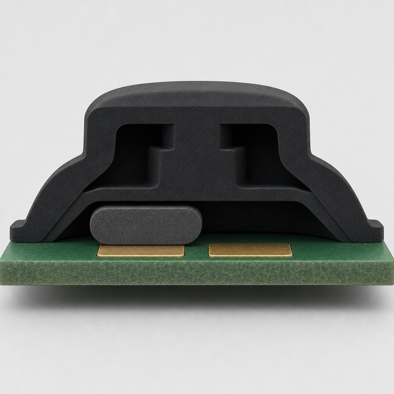 Cutaway showing a conductive carbon pill offset to one side and overlapping only one of two separated gold contact pads on a printed circuit board