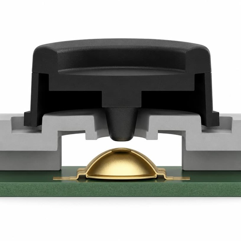 Cross-section of a silicone button pressing a conductive contact element onto gold pads on a green printed circuit board