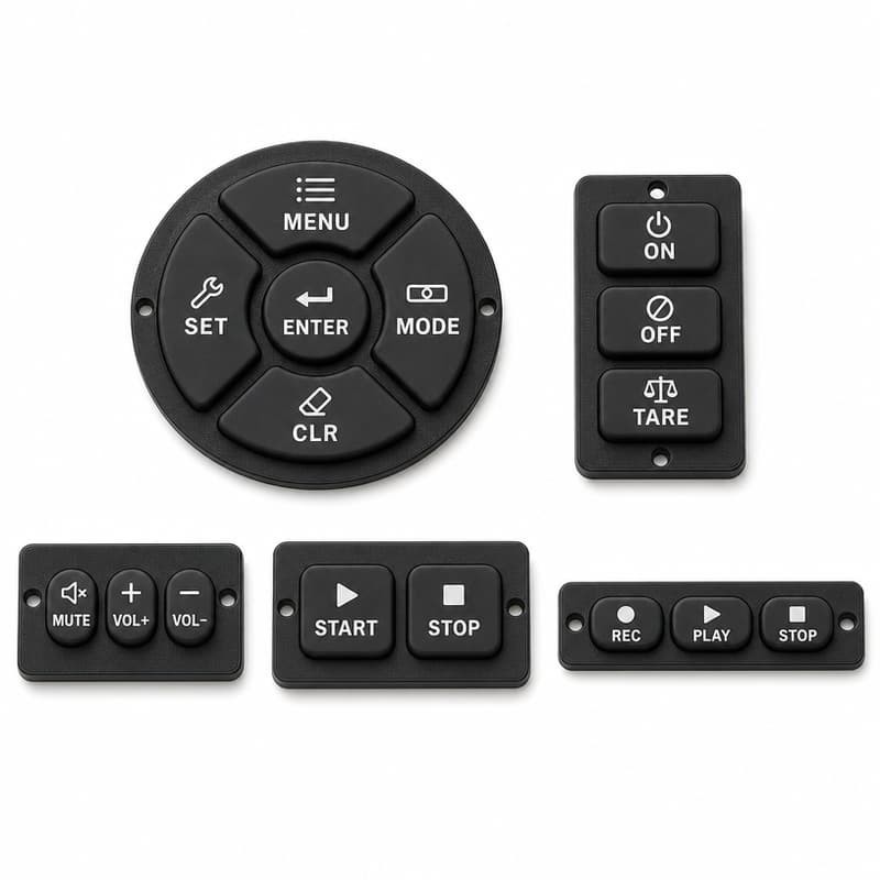 Selection of custom black silicone keypad panels with printed legends, sealing web and locating holes