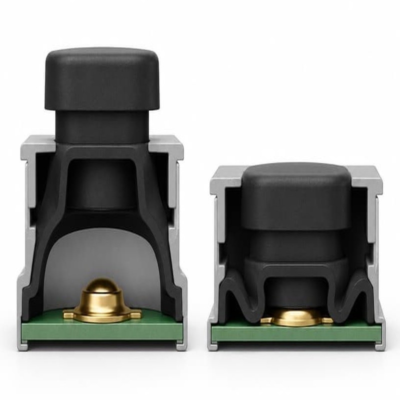 Cutaway comparison of a tall silicone keypad dome and a short dome above a printed circuit board