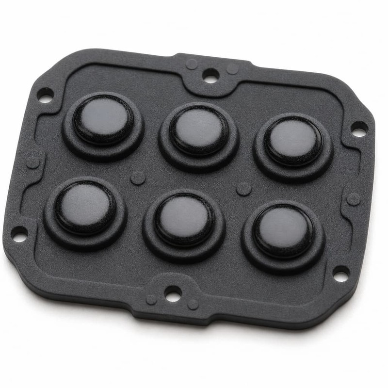 Six-key black silicone keypad with round buttons, perimeter sealing web and corner mounting holes