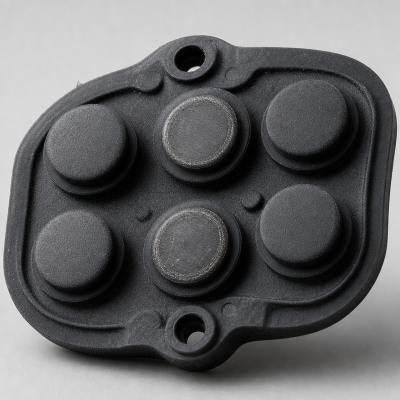 Macro view of the underside of a silicone keypad showing round conductive carbon pills, two of them with visibly worn and polished contact faces