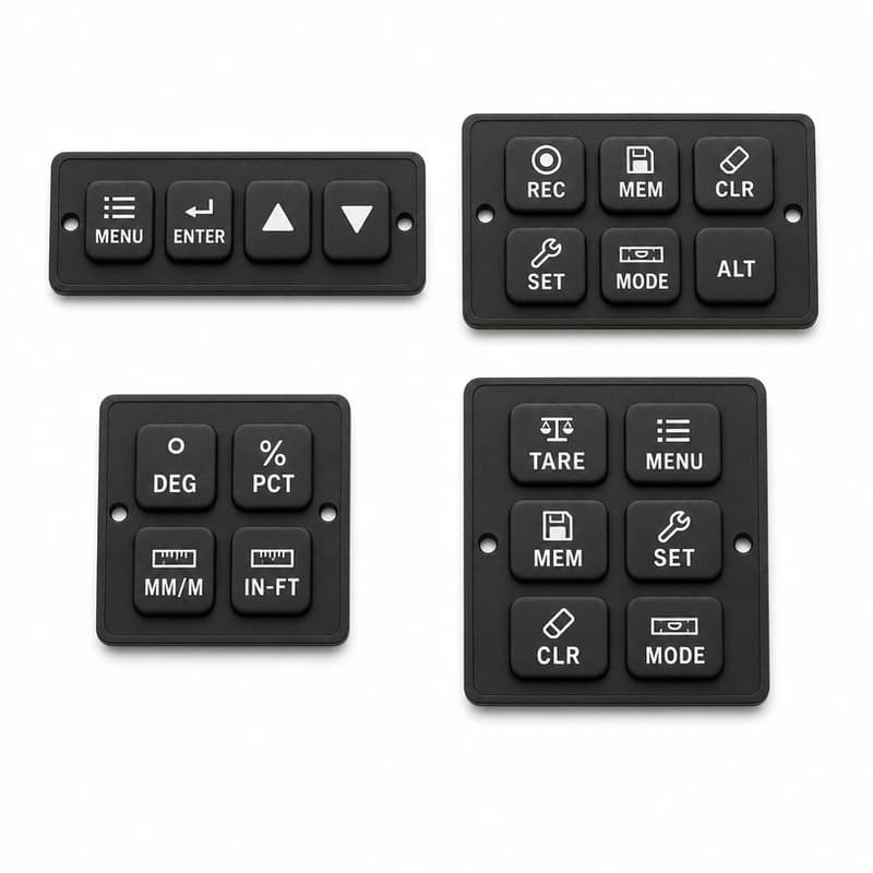 Four custom silicone keypad panels with different button layouts and printed legends